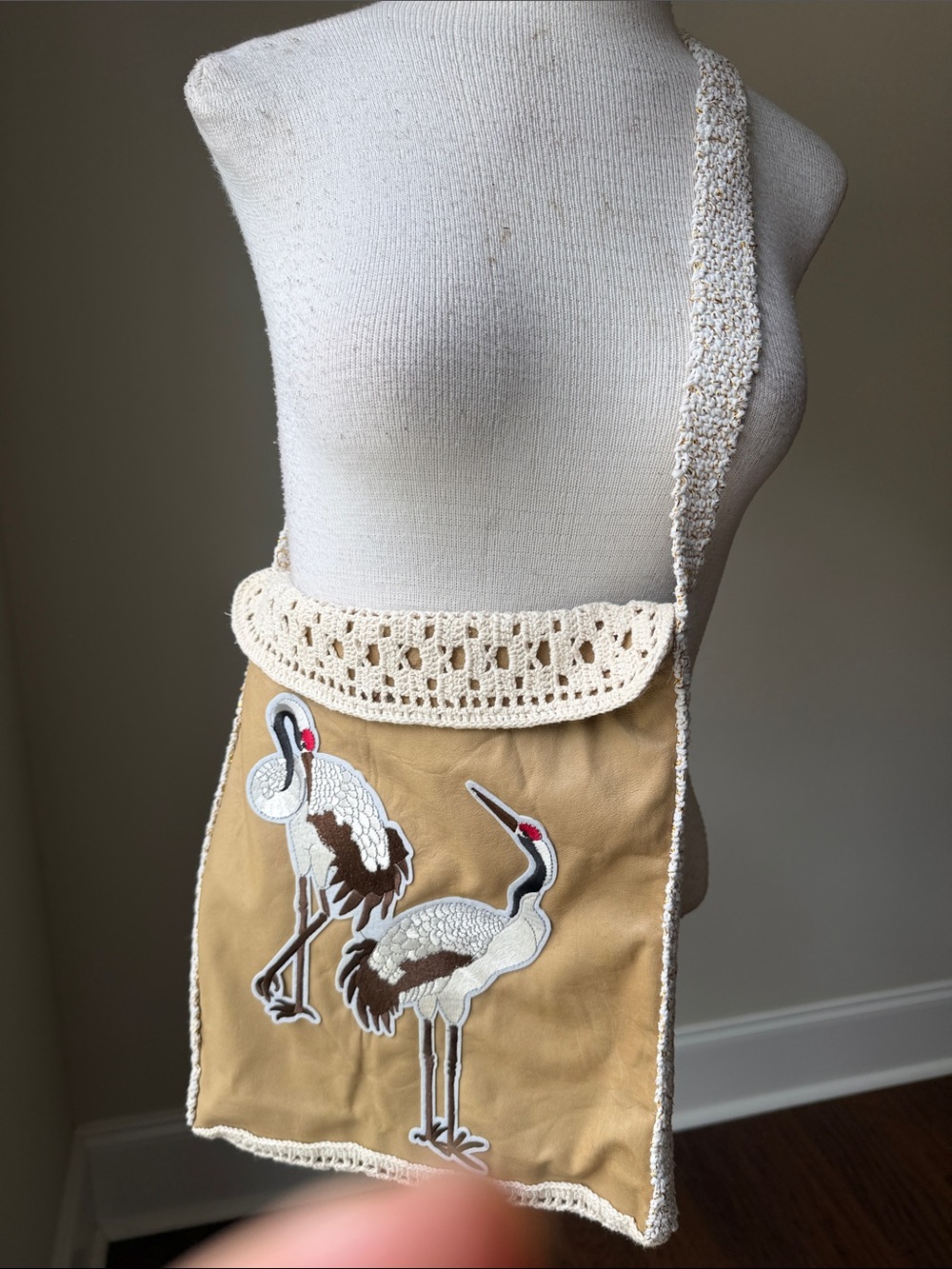 Hand Crafted Tan and Cream Crane Embroidered Shoulder Bag